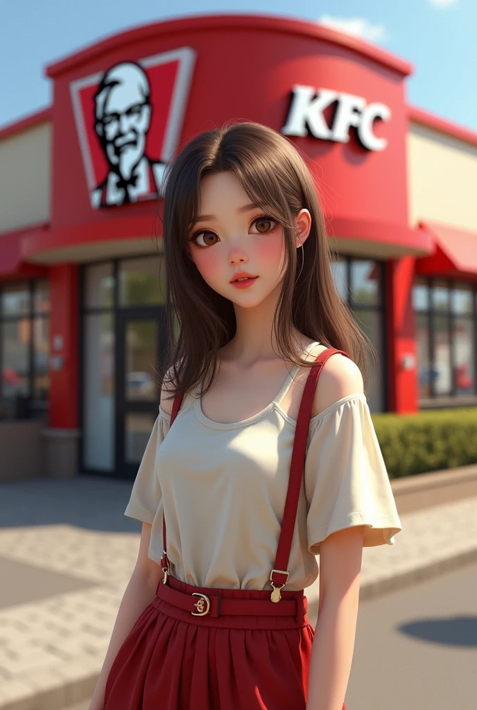 Make a realistic girl standing in front of kfc with full leg