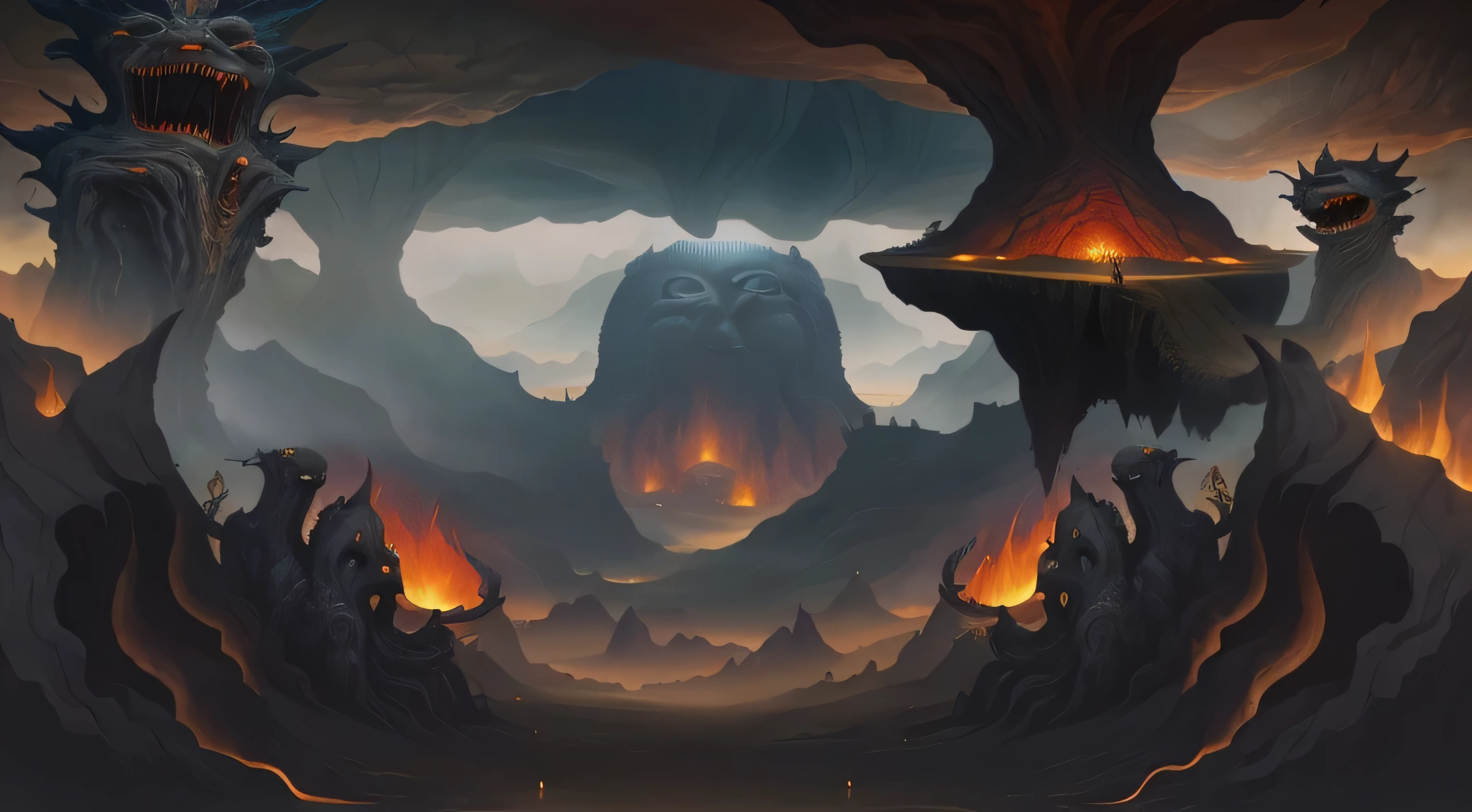 cave,cave,hell,there is a painting there，Depicting a fantasy world full of buildings。, Magical surrealism, Jacek Jelka and Vladimir Kush, Inspired by Jacek Yerka, Style of Hieronymus Bosch, hyper-realistic illustration, Ivan Genelich (Ivan Generalic) of inspiration, surreal alien kingdom, Alien Landscape, Fantasy painting, Giger and Jacek Jelka,Realistic 8K painting depicts the suffering of people in the pit of hell，Inspired by Dante&#39;s《Hell》