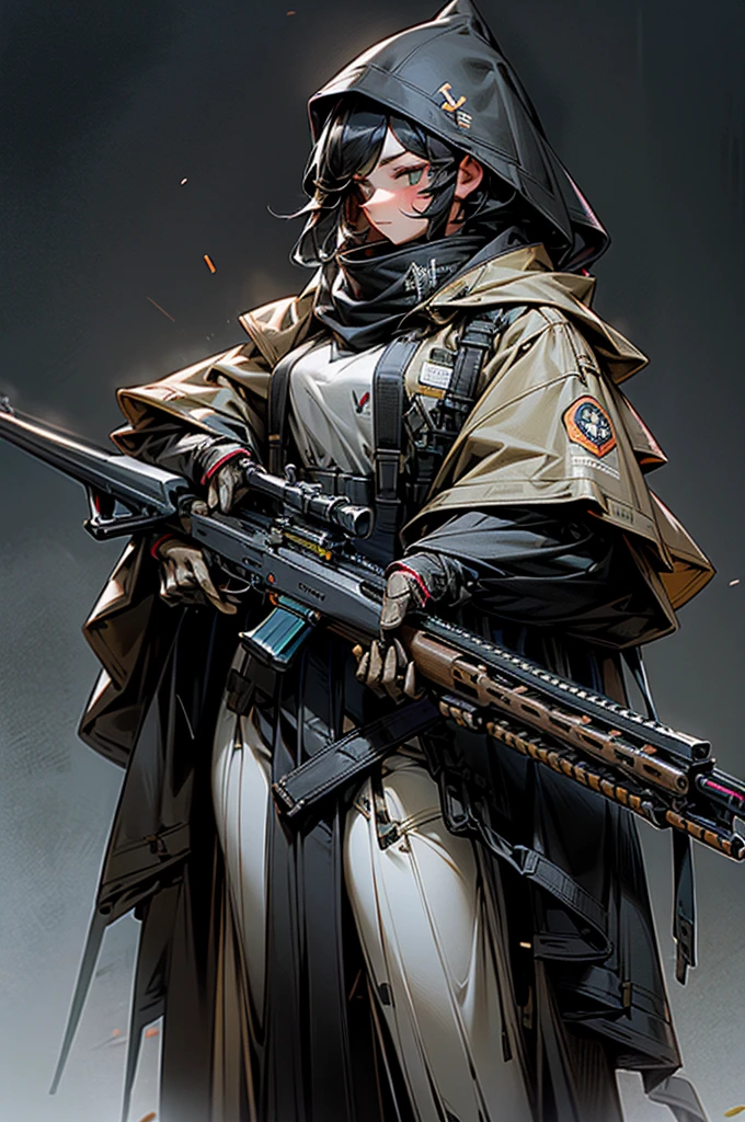 Highest quality、Anatomically correct、Huge rifle、Anti-material rifles、Huge Scope、The right gun、Heavily Armed Girl、Black haired girl wearing a hood、M82、Complete Gun、Black gun、Metallic、perfect guns、Perfect Stock、An unassuming gun、M82のようなAnti-material rifles、Straight line from barrel to stock