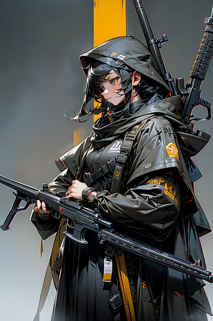 Highest quality、Anatomically correct、Huge rifle、Anti-material rifles、Huge Scope、The right gun、Heavily Armed Girl、Black haired girl wearing a hood、M82、Complete Gun、Black gun、Metallic、perfect guns、Perfect Stock、An unassuming gun、M82のようなAnti-material rifles、Straight line from barrel to stock