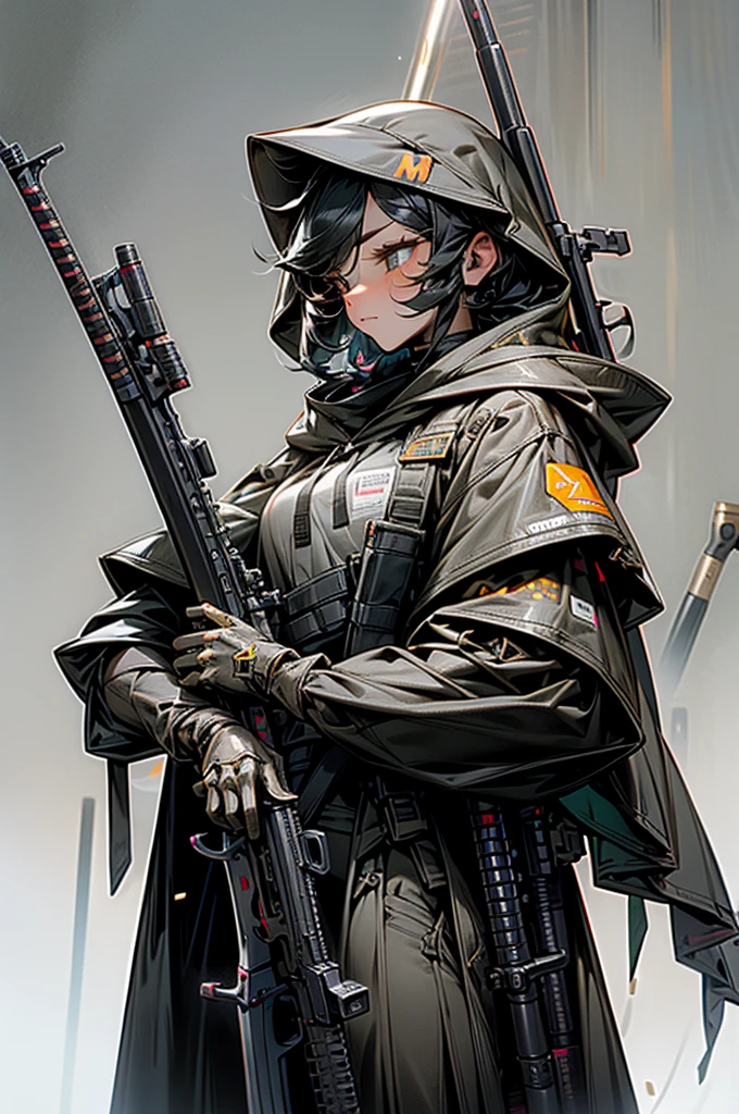 Highest quality、Anatomically correct、Huge rifle、Anti-material rifles、Huge Scope、The right gun、Heavily Armed Girl、Black haired girl wearing a hood、M82、Complete Gun、Black gun、Metallic、perfect guns、Perfect Stock、An unassuming gun、M82のようなAnti-material rifles、Straight line from barrel to stock