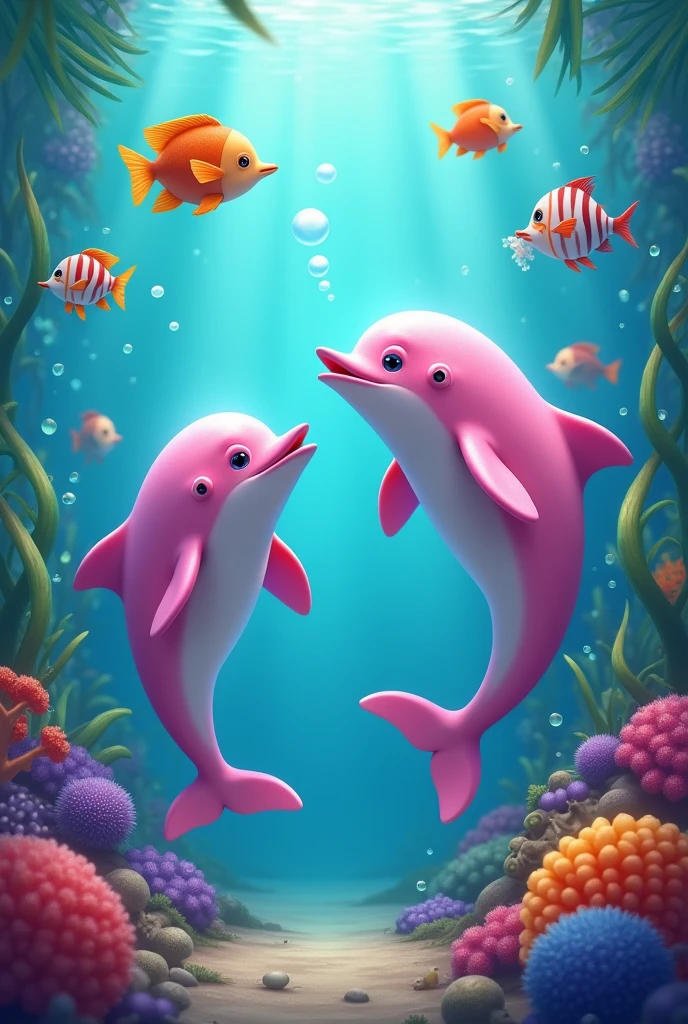 I want you to create me a pink dolphin chatting with other fish