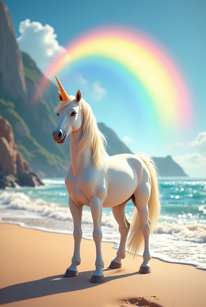 Unicorn on a beach and a rainbow