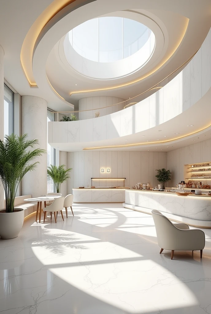 create an instagrammable and modern coffee shop space in light pastel tones. white marble that is modern, innovative and futuristic with a large kitchen space separated from the living area by transparent glass