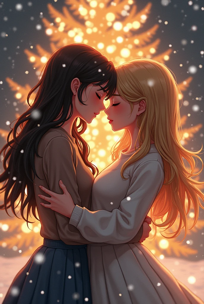 Two girls kissing each other, one with long dark brown hair and the other with long blonde hair, together with a beautiful winter Christmas tree in anime style.