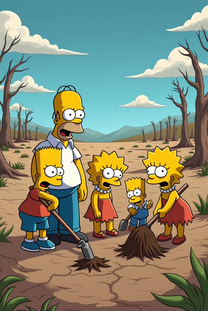 a simpsons style image of a huge field of dry soil with simpson characters looking shocked because their crops are not growing and all the trees are dead. they are digging the dry soil