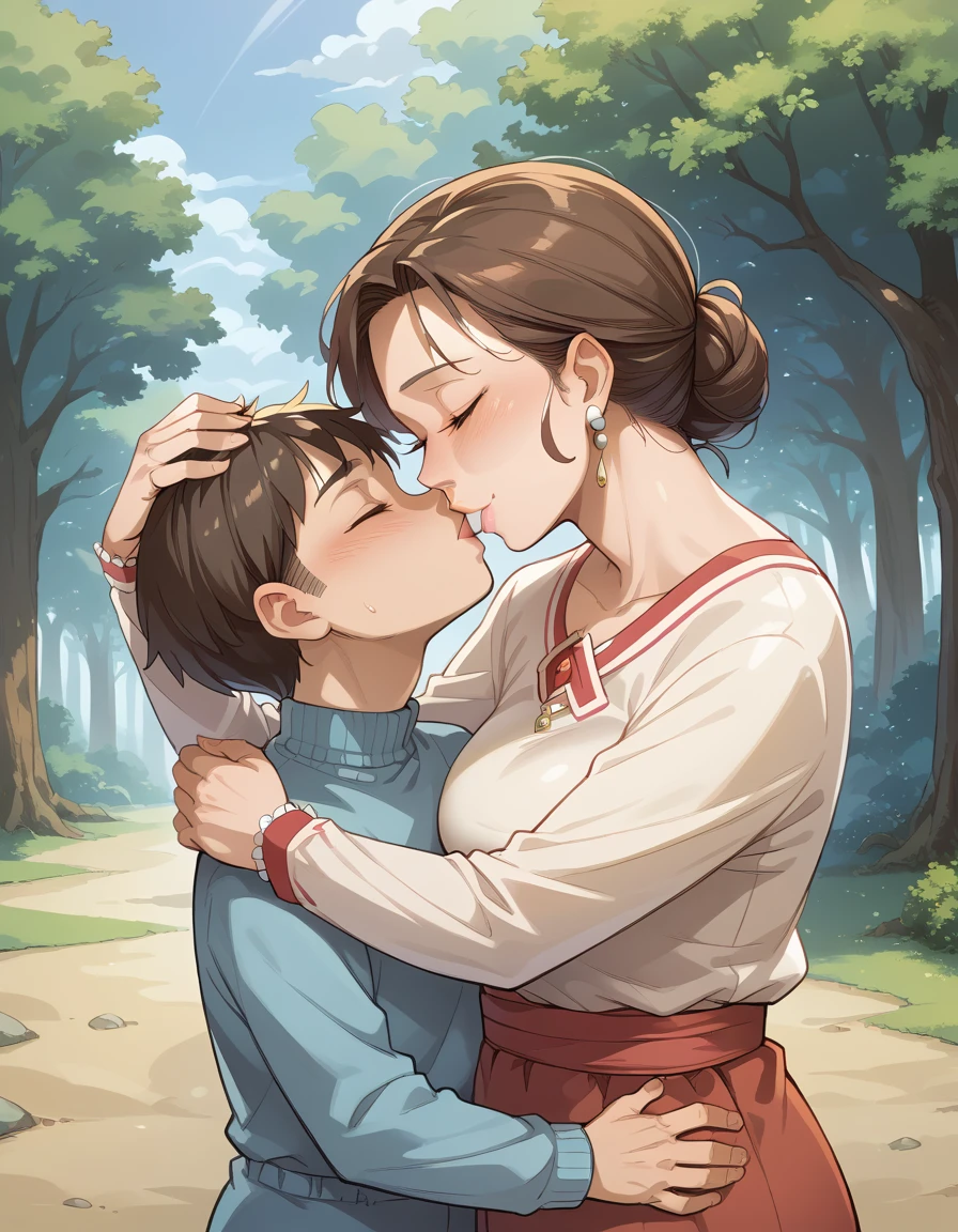 score_9, score_8_climb, score_7_climb, source_anime, childชาย 1 คน, 1 girl, mature woman, Grandmother and son, , hug, kiss, Put your hands on your head., kneel,