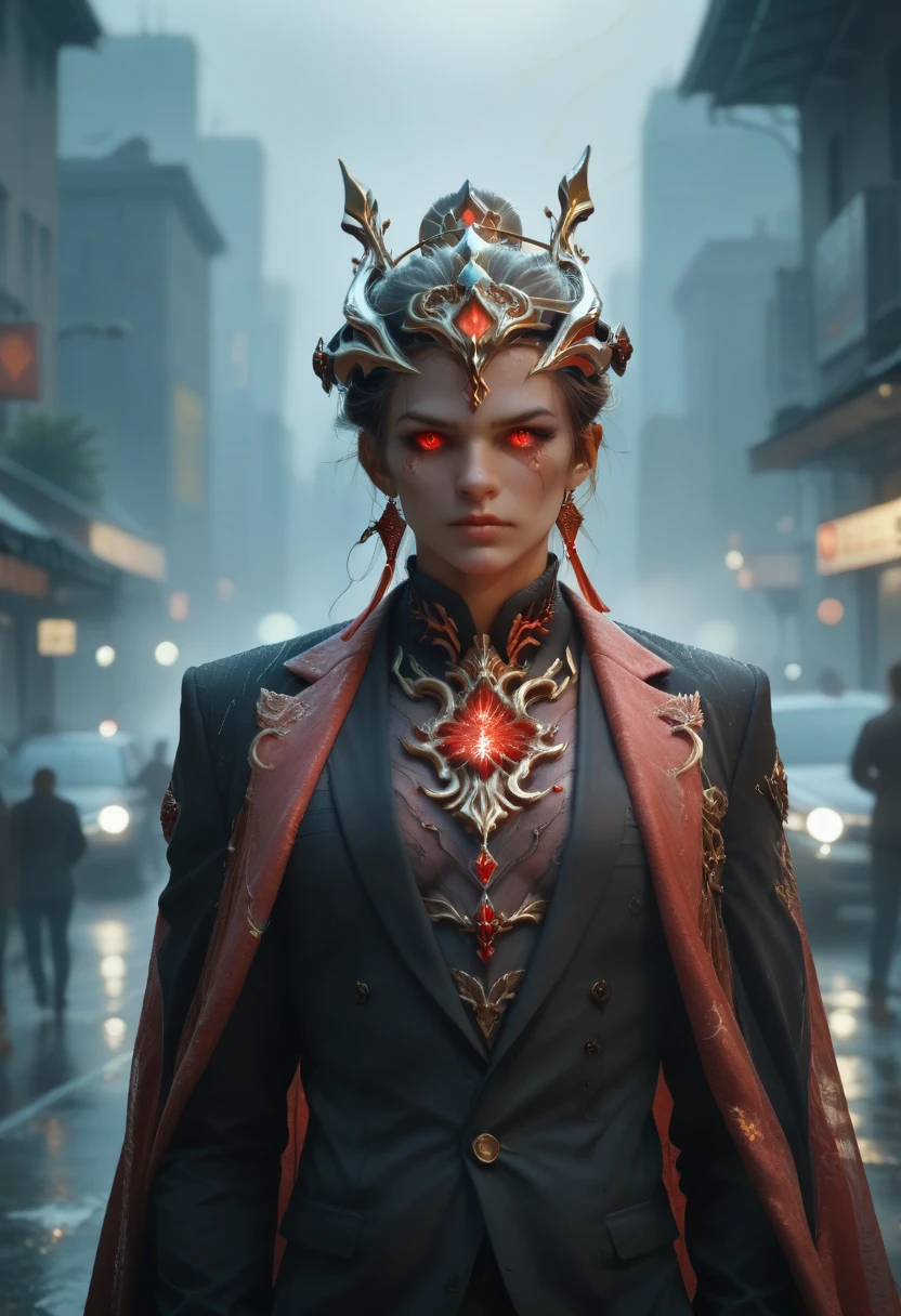 1 Japanese girl, WARFRAME, complex pattern, heavy metal, energy lines, impersonal, sparkling eyes, elegant, intensive, blood red and black uniform, One, modern, city, streets, dark clouds, storm, shower,, dramatic lighting,, (masterpiece:1.2), Best quality, a high resolution,   beautiful detailed, extremely detailed, perfect lighting,