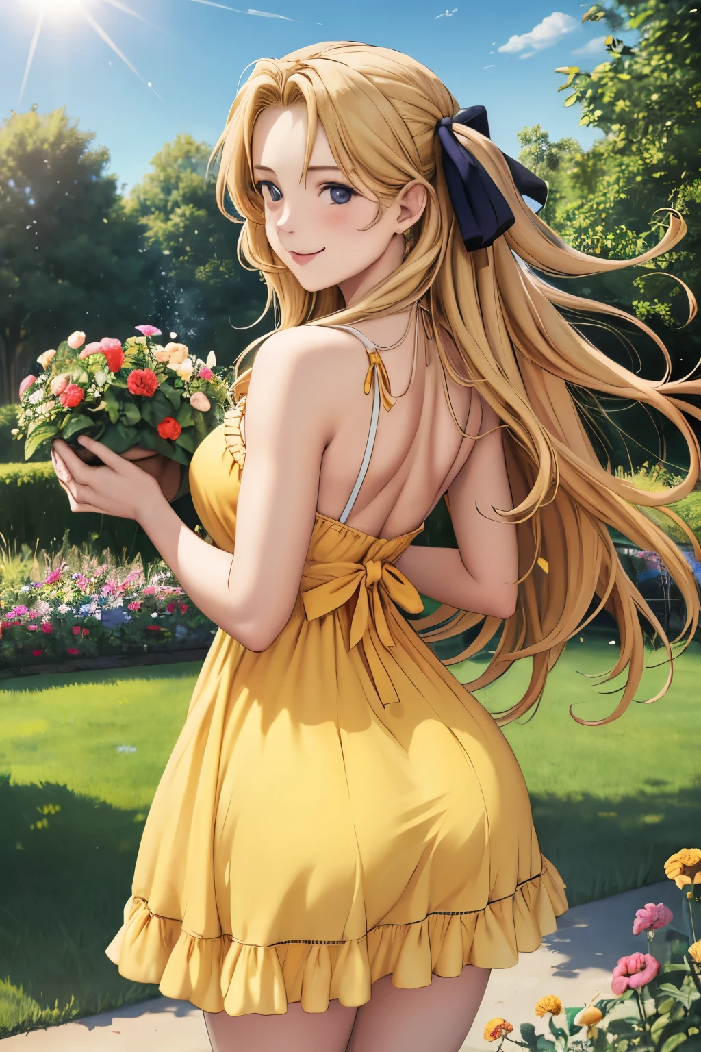 masterpiece, best quality, absurdres, perfect anatomy, 1girl, solo, Erica Blandelli, long hair, hair ribbon, from behind, sundress, yellow sundress, garden, day, sunshine, smile, looking back, 