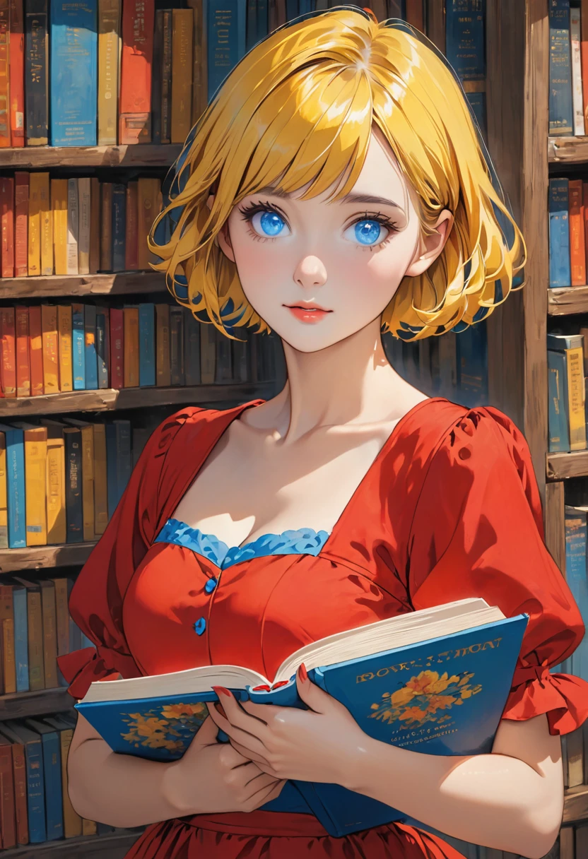 Picture of a girl with short yellow hair and blue eyes and red dress with a book