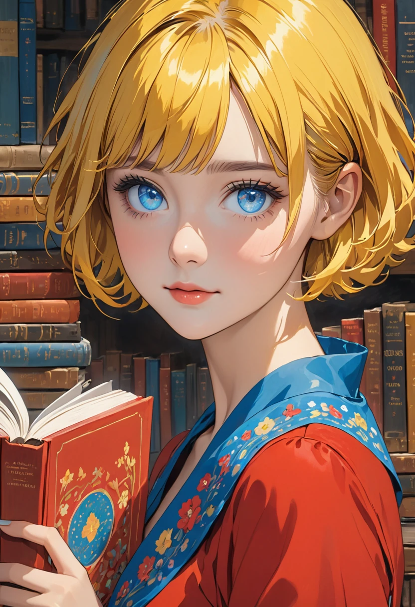 Picture of a girl with short yellow hair and blue eyes and red dress with a book