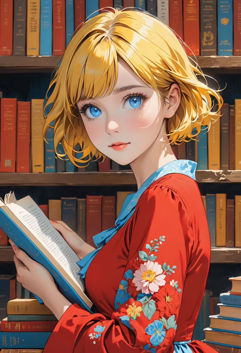 Picture of a girl with short yellow hair and blue eyes and red dress with a book