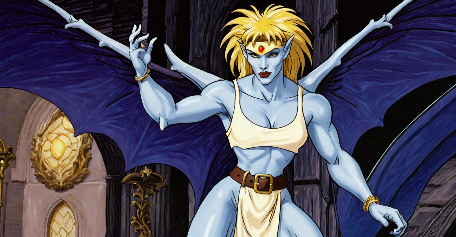 1990s Gargoyle In The Animation Style Of Gargoyles: The Goliath Chronicles. Female Gargoyle Character With A Humanoid Form, Lavenderskin, & Bat-Like Wings. She Has A Sleek, Build With Sharp Claws On Her Hands & Feet, Pointed Bat-Like Ears, And A Long, Slender Tail. Her Face Is Sultry With Large, Almond-Shaped Eyes, A Defined Nose, & A Soft Jawline. She Wears A Cream-Colored Tunic With A Golden Belt At The Waist, Along With Gold Hoop Earrings & A Gold Bracelet. Her Golden Blonde Hair Is Voluminous And Styled In A Braid That Falls Down Her Back. The Setting Should Have A Night-Time, Gothic Vib