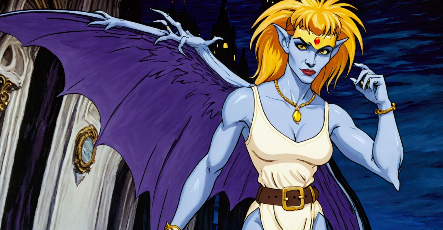1990s Gargoyle In The Animation Style Of Gargoyles: The Goliath Chronicles. Female Gargoyle Character With A Humanoid Form, Lavenderskin, & Bat-Like Wings. She Has A Sleek, Build With Sharp Claws On Her Hands & Feet, Pointed Bat-Like Ears, And A Long, Slender Tail. Her Face Is Sultry With Large, Almond-Shaped Eyes, A Defined Nose, & A Soft Jawline. She Wears A Cream-Colored Tunic With A Golden Belt At The Waist, Along With Gold Hoop Earrings & A Gold Bracelet. Her Golden Blonde Hair Is Voluminous And Styled In A Braid That Falls Down Her Back. The Setting Should Have A Night-Time, Gothic Vib