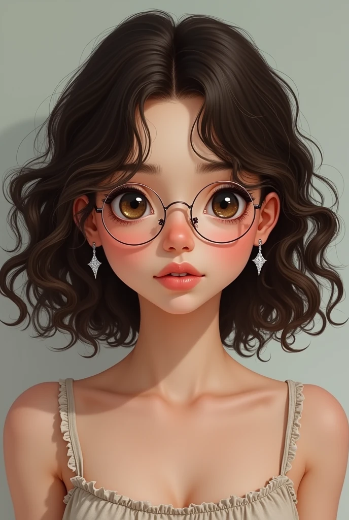 Round face, round wire frames, small lips, small nose, shoulder lenth hair curly hair with so much volume who wears a casual dress, pinkish face colour, slimmer eyebrows and ear fit diamond earrings, 15 yr old lookand smaller eyes