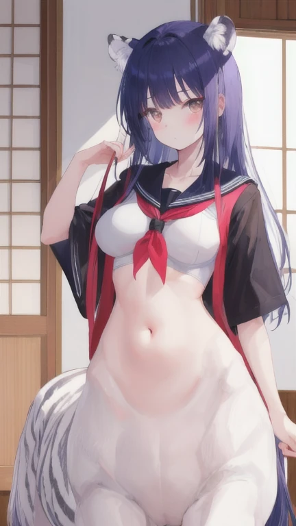 (best quality, masterpiece), 1 girl, centaur, I beg, White skin, Japanese schoolgirl,daughter,black pink, exposing the abdomen, belly button t-shirt , beautiful girl perfect, White tiger photo, Perfect swimsuit pictures