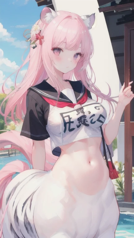 (best quality, masterpiece), 1 girl, centaur, I beg, White skin, Japanese schoolgirl,daughter,black pink, exposing the abdomen, belly button t-shirt , beautiful girl perfect, White tiger photo, Perfect swimsuit pictures