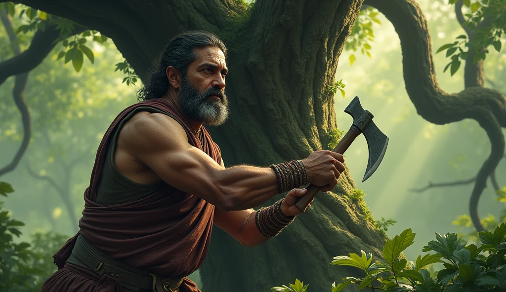 man cutting peepal tree image