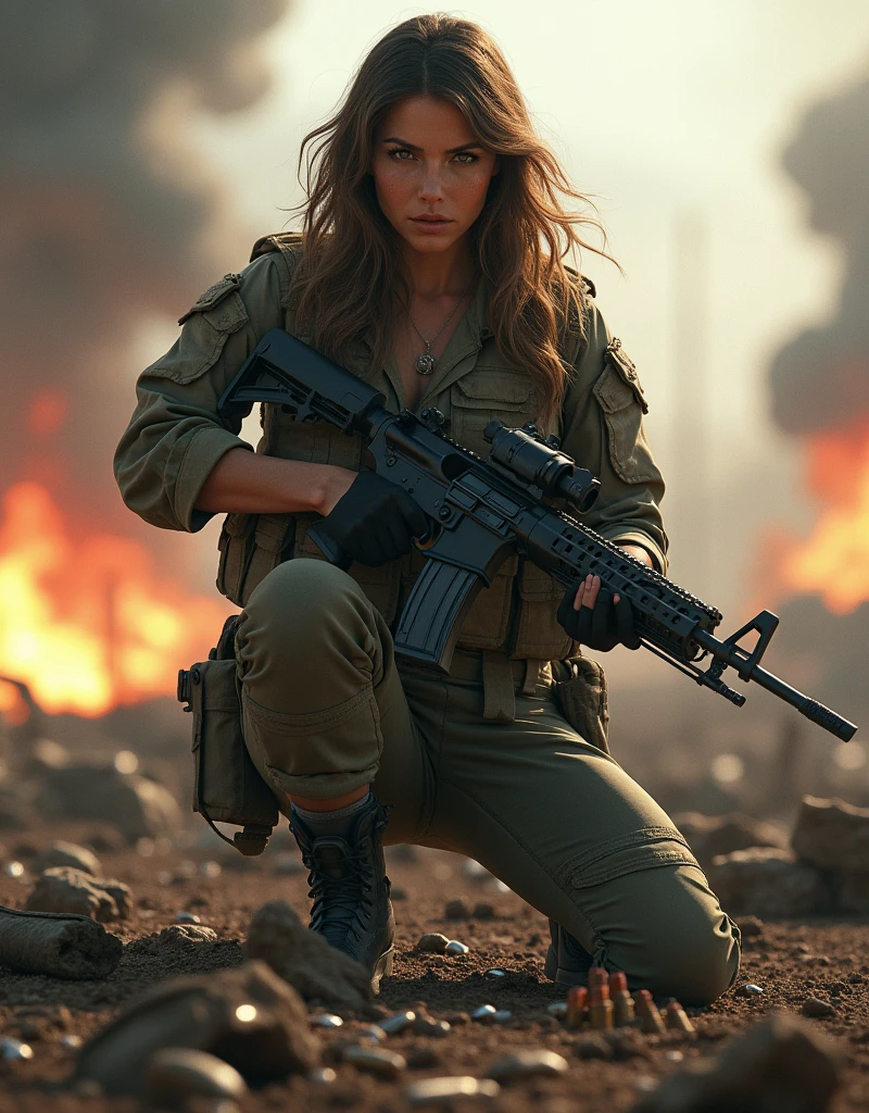 (Photorealism:1.2), sexy woman soldier, Soldiers replenishing ammunition on the battlefield.