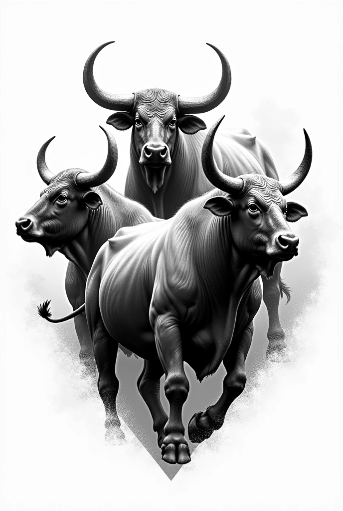 3 big bulls drawing black and white