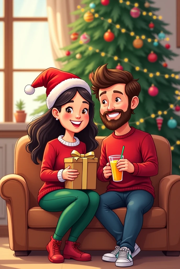 A cartoon couple wearing Christmas clothes behind them The Christmas tree appears completely in the picture next to them They sit on a sofa, the woman holds a gift, and the man holds a glass of juice. 2d drawing with outline