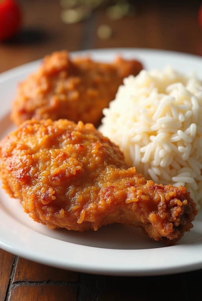 Two piece of fried chicken and one rice on a plate 