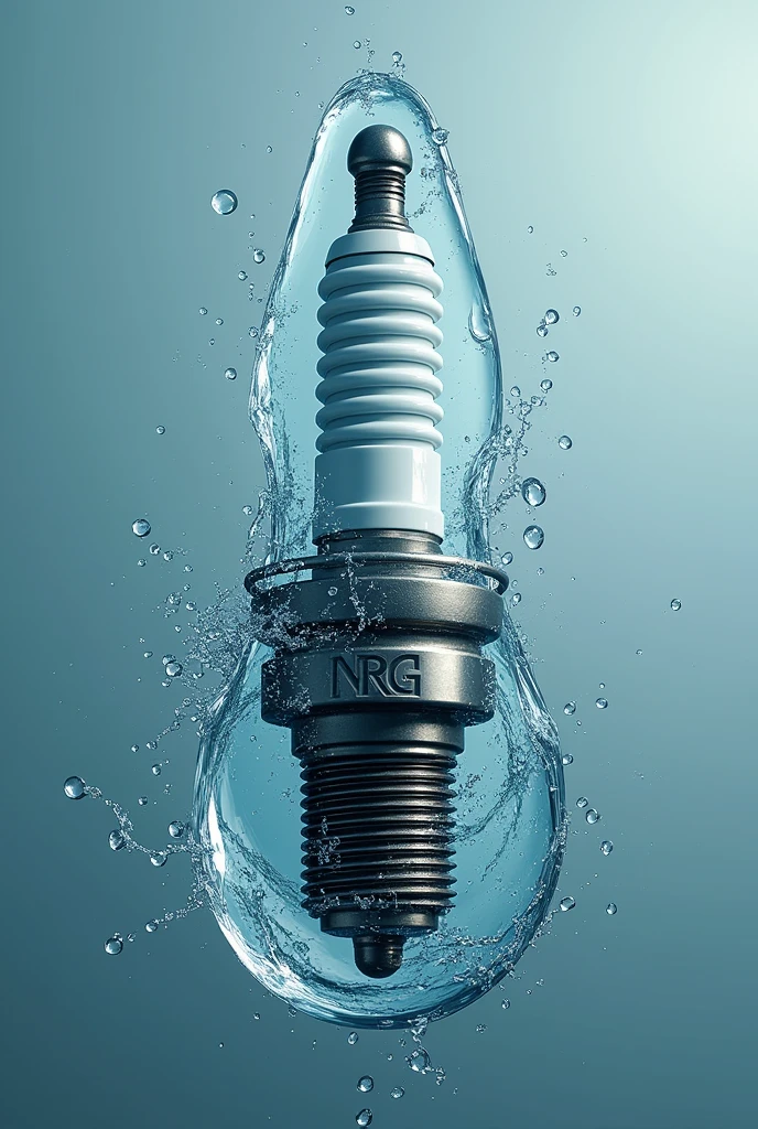 Image of a hydroelectric plant inside the frame of a spark plug with water drops inside and the letters NRG