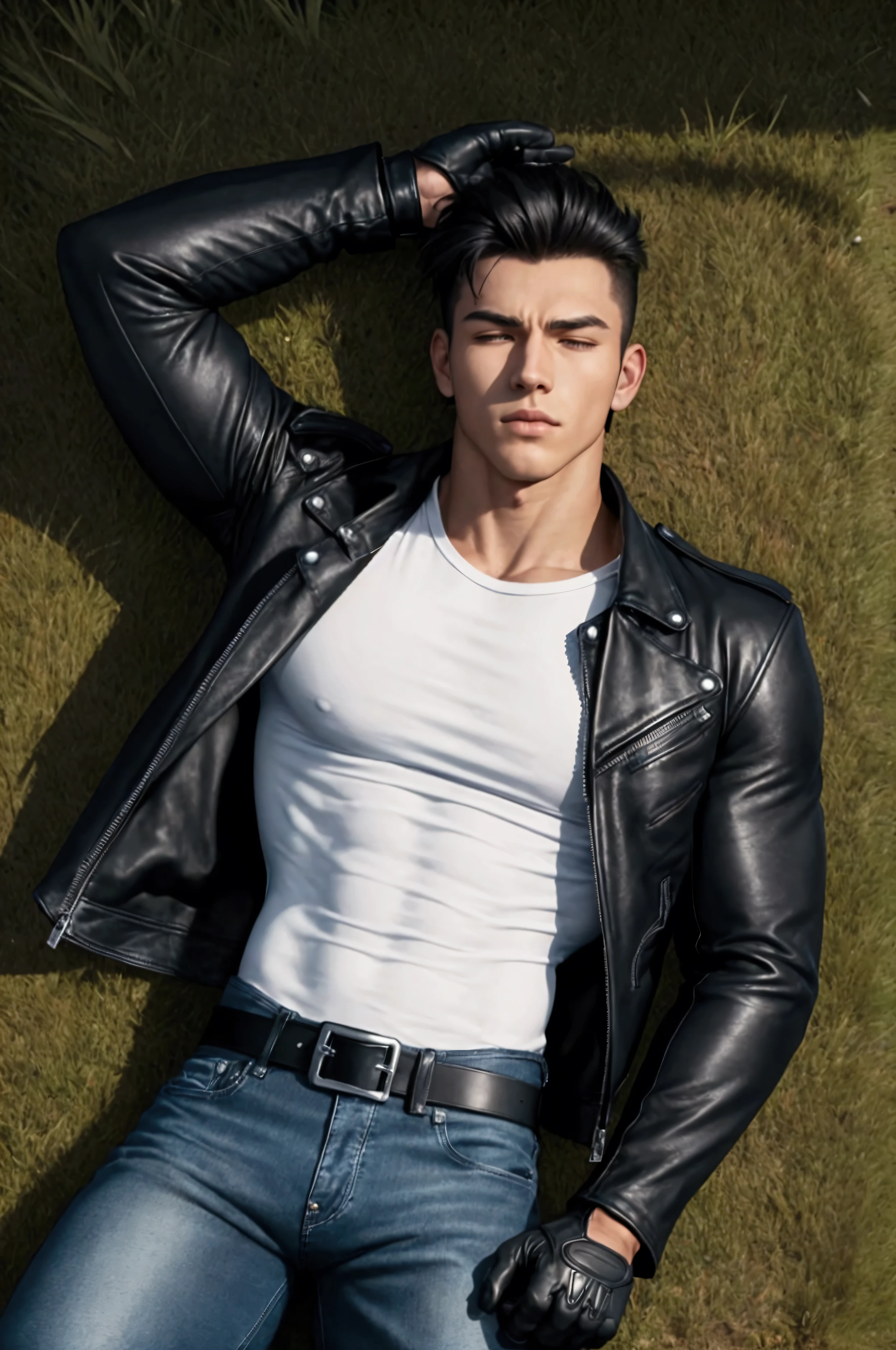 A muscular young man , wearing a white round-neck shirt and a black leather jacket over it, wearing blue jeans, black motorcycle gloves, a black belt, and black combat boots and a holster strap for a handgun on his thigh , sleeping arms crossed, on a meadow . Anime.