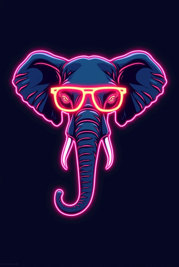 neon-style emblem featuring the head of an elephant wearing 90s-00s fashion glasses, with only neon lines connecting them to suggest a psychological theme. brain icons. The entire design, including the outlines, is rendered in bright neon lines and set against a dark background, leaving plenty of open space for adding large text, perfect for a vibrant and energetic student party poster