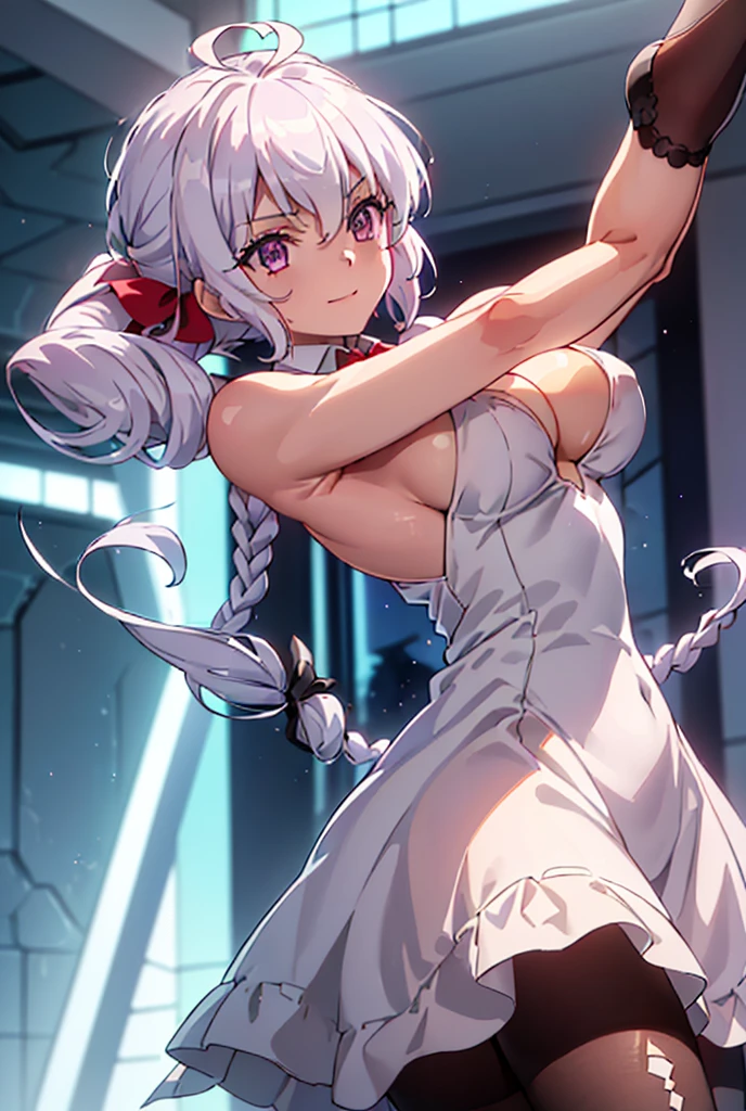 ((masterpiece)), ((Best quality)), (high resolution), (illustration), (an extremely delicate and beautiful), (ultra detailed beautiful face and eyes), , 1girl, leaning forward, YukineChris, long hair, purple eyes, twintails, low twintails, ahoge, large breaishnet pantyhose, bow tie, volumetric lightning, detailed skin texture, detailed, volumetric shadow, anime screencap,Highest quality, Sorceress, ancient babylonian nobility, ((tan skin:1.2)), (brown skin color),Long hair, twin braids, hair ornament, wine colored hair, smile, Below average size breasts, bare sh, (underboob:0 Legs apart、Ready your gun?、Stretching arms ford to accentuate cleavage 8K, masterpiece, lity, high_resolution, ultra_details, detailed, 1girl, 独奏, looking_at_viewer, upper_body, indoors, braid, blurry, bangs, white_hair, blurry_background, collared_shirt, church, hair_ribbon, hair_between_eyes, stained_Glass,sidelo, depth_of_field, light_particles, window, french_braid, Alphonse Mucha Style, sharp focus, perfect hands, perfect face, perfect eyes, perfect light, dynamic light, natural light, Masterpiece, Best quality, red dress