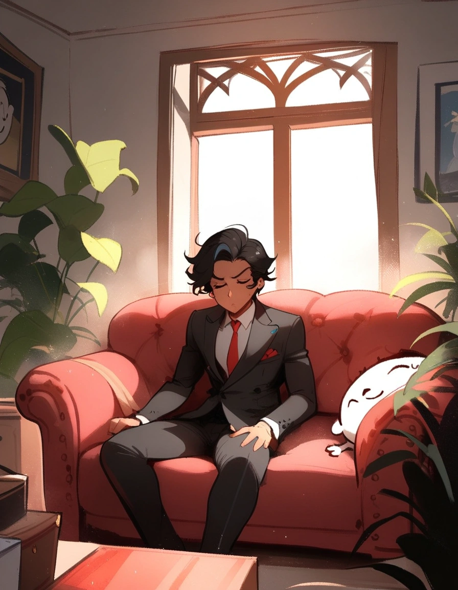 1boy, male focus, doodle sensei \(blue archive\), blue archive
\\\\\ masterpiece, best quality, newest ///// nyantcha, khyle, cutesexyrobutts \\\\\ outside border, solo,sitting, straight-on, , ,, in sofa, indoors, mountains in window