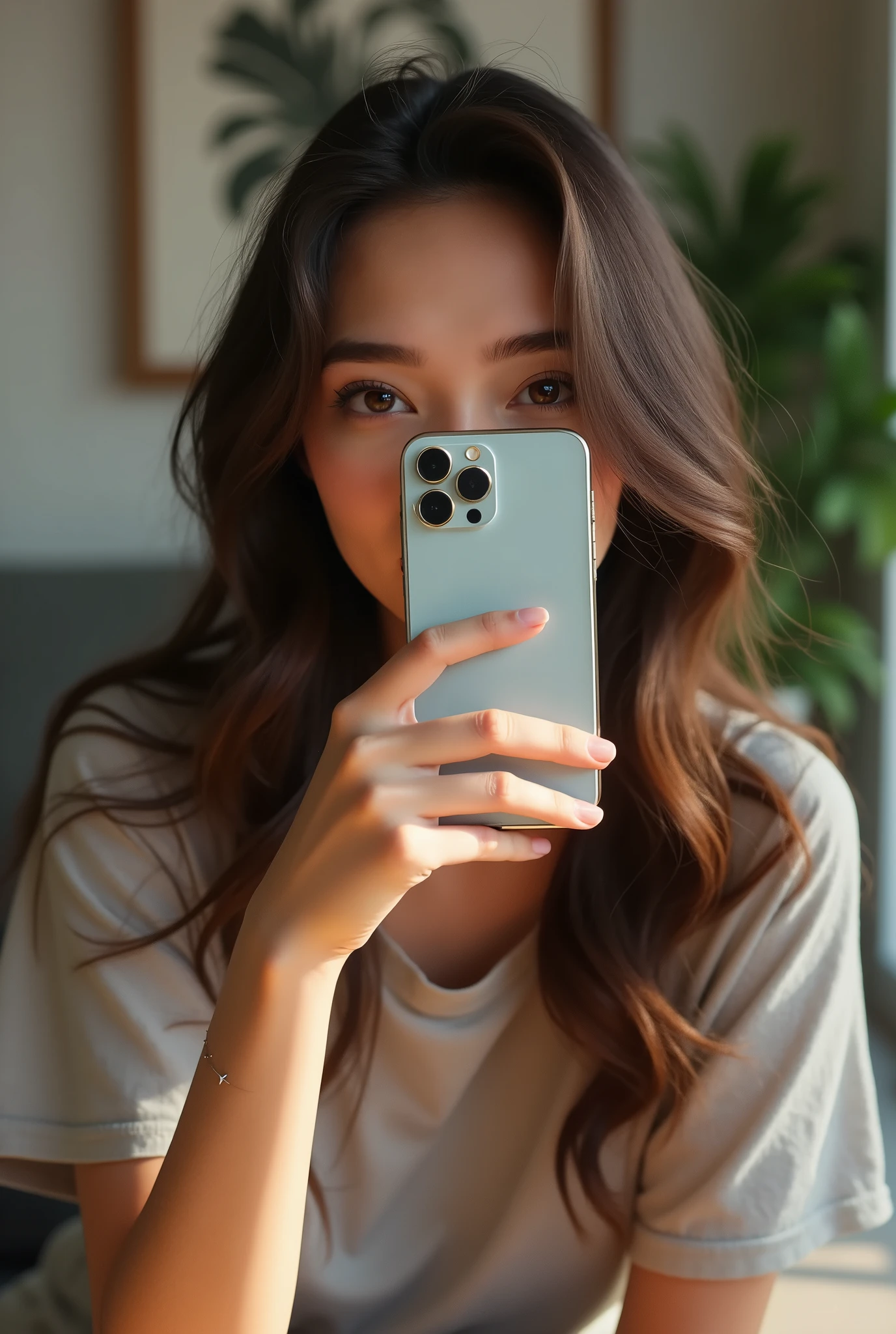 "A young woman in her early twenties holding an iPhone in front of her face, covering her mouth. She has long, wavy brown hair and expressive brown eyes that are the focal point of the image. The girl is taking a selfie, with the iPhone slightly angled to cover the lower part of her face, leaving only her eyes and nose visible. She is indoors, in a modern, well-lit room with a cozy atmosphere, featuring subtle decor like plants and artwork in the background. She is dressed casually in a simple t-shirt and accessorized with a delicate necklace. The overall vibe is playful and mysterious, as her covered mouth adds an element of intrigue to the selfie."