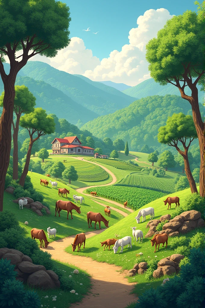 Generate a drawing showing trees(forest) , livestocks (animals) , agriculture (farm), and forage. IN LANSCAPE FORM