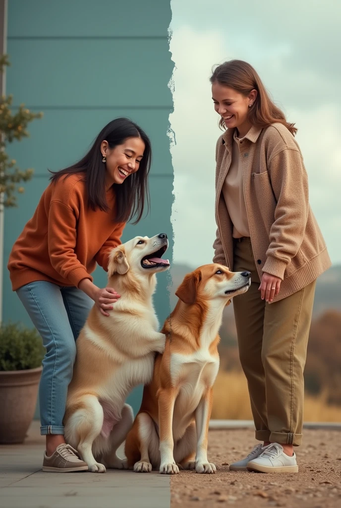 Make an image split in the middle, SHE IS REALISTIC, MAKE A DOG HAPPY WITH ITS OWNER IN ONE HALF, THEY ARE FACING THE CAMERA, IN THE OTHER HALF OF THE IMAGE SHOW AN ANGRY DOG AND ITS OWNER IS SAD