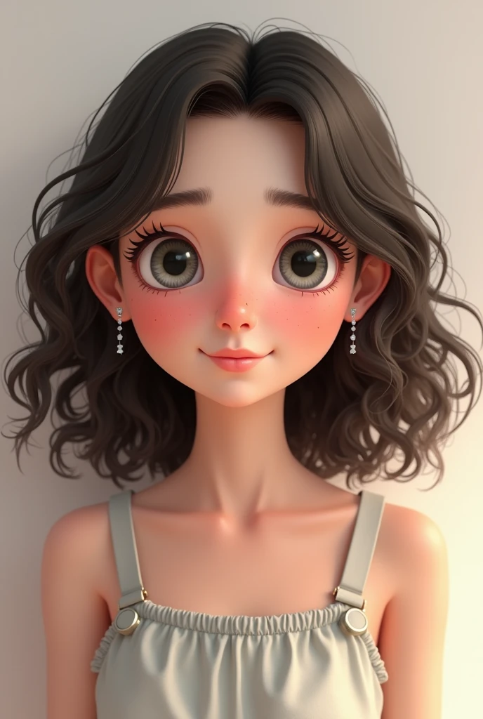 Round face, round wire frames, small lips, small nose, shoulder lenth hair curly hair with so much volume who wears a casual dress, pinkish face colour, slimmer eyebrows and ear fit diamond earrings, 15 yr old lookand smaller grey eyes