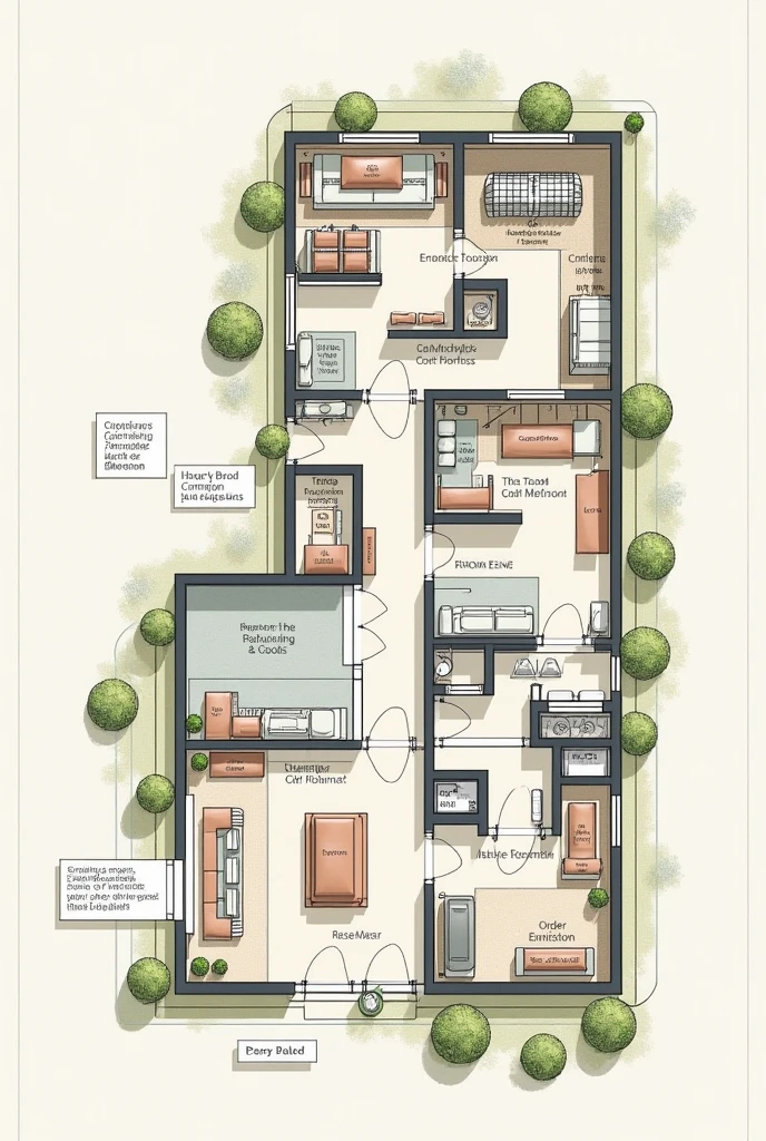 Generate a detailed image of a floor plan of a company that makes specialty coffees with the following information:
Receiving area / conference / Internal material transport routes Storage hacks / addressing Order area / Expedition consolidation / docks Regulations / standards/ set up emergency areas