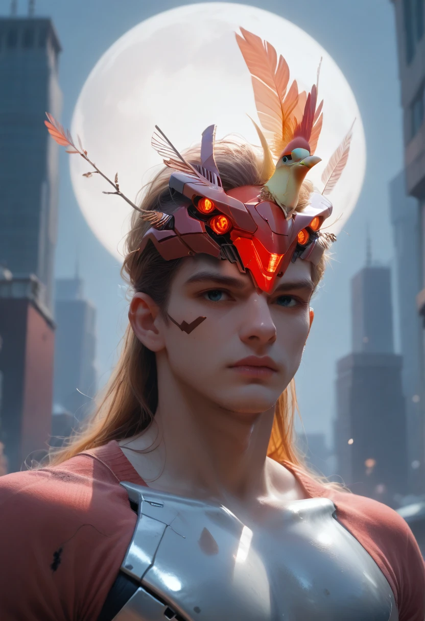 red theme, Phoenix Mecha, head for a rooster, chicken head, fur wings, cyberpunk, Best quality, masterpiece, unmanned, whole body, mechanical miracle, strong, moon, ruined city, Digital art of the highest quality, amazing art, 4K wallpaper, very detailed, military robot, army, warzone, dynamic lighting, movie, epic, Damaged mechanical parts
