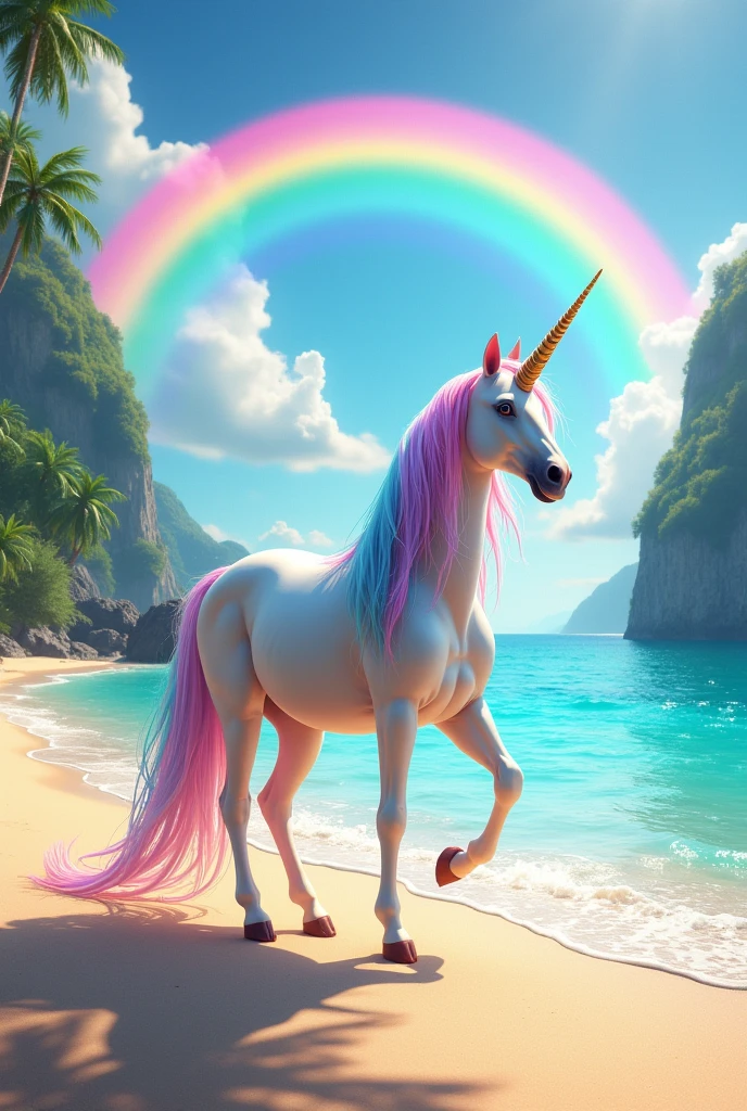 Unicorn with colorful hair on a beach and a rainbow