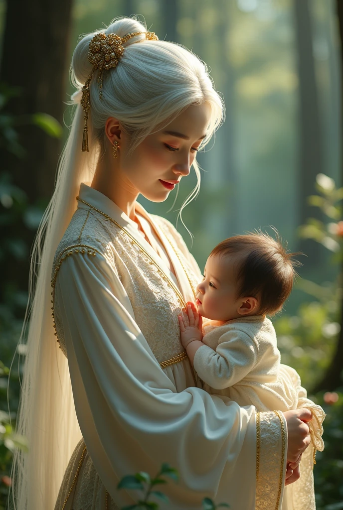 white haired korean girl in elegant expensive dress holding brown haired baby in a forest