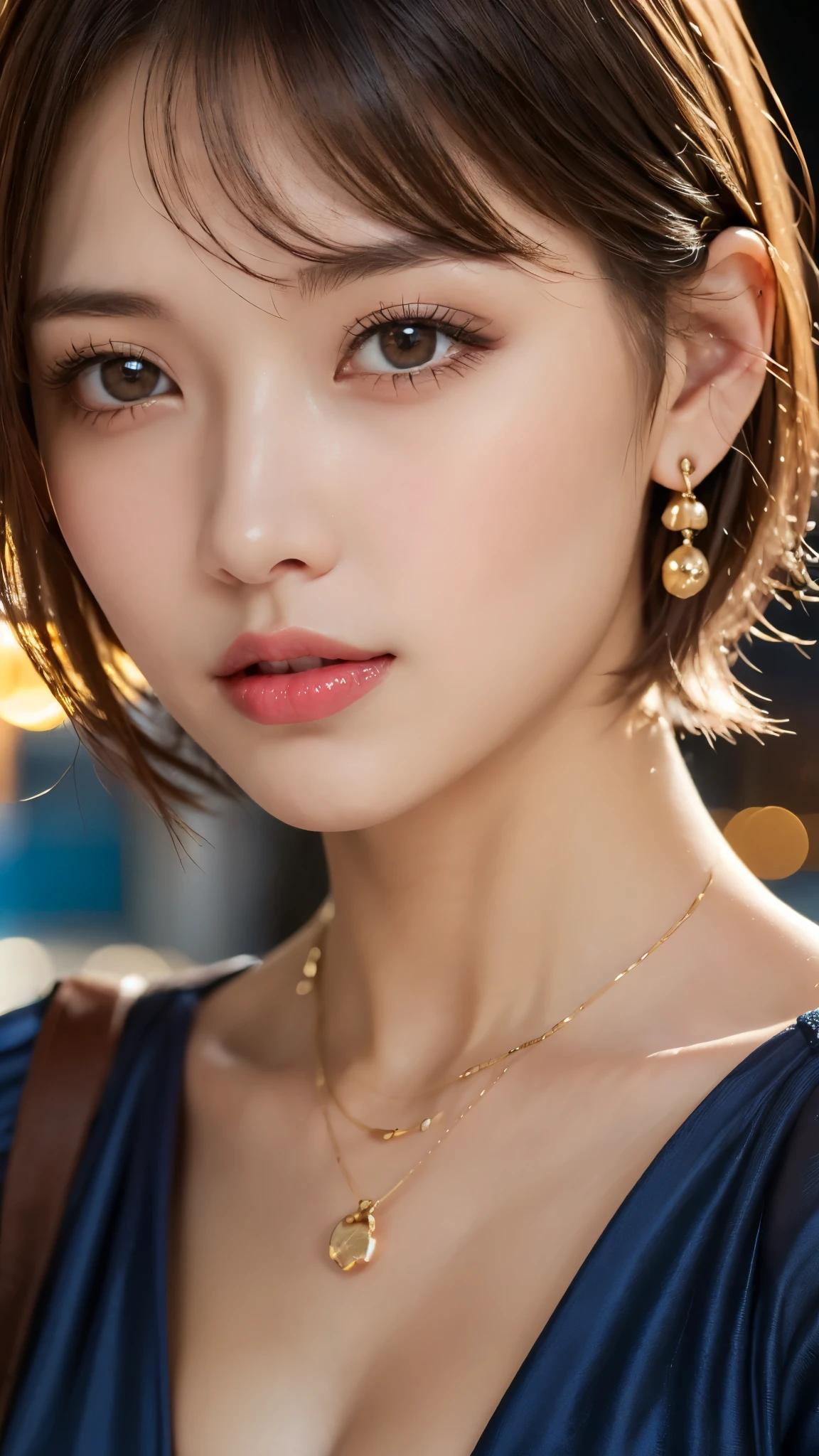 (Photorealistic, 32k, RAW photo, best quality:1.4), (masterpiece:1.3), (ultra high resolution, ultra realistic, highly detailed, golden ratio, ultra detailed), 1 beautiful woman, natural makeup, intricate cloth texture, finely detailed hair texture, beautiful full-body, perfect female form, anatomically accurate, highly detailed face and skin, (elegant hands), (realistic skin), (beautiful pale skin:1.1), (extreme close-up:2.0), (Oversized Breasts), (Wearing Blue Party Dress:1.5), (Earrings, Pendant), 
BREAK,
realistic eyes, captivating detailed eyes, symmetric eyes, light brown eyes, double eyelids, thin eyebrows, (glossy lips:1.4), (kissable expression, blush:1.3), 
BREAK,
((short bob cut, dark brown hair, bangs:1.2)), (Moonlit night, terrace:1.3)