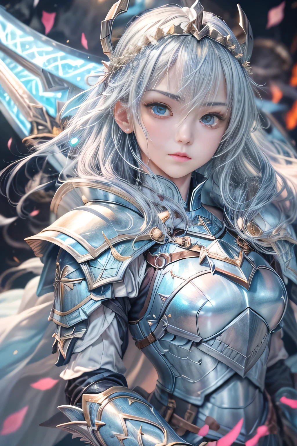 A female knight recognized by the legendary holy sword Excalibur、With the protection of the spirit of light, it emits an aura of light.、8k.Half Russian and half Japanese、Russian face、beautiful girl、A princess with the title of Dragon Slayer、、Small face、Young face、Big eyes、Skinny、Small breasts、(((Silver Hair、Silver Hair)))、With bangs、(((High resolution big beautiful light blue glowing eyes, )))、Shortcuts、Bobcut、(((Red ribbon in hair、Floral decoration)))、Partially braided、Transforms into an armored knight at the call of the holy sword Excalibur.、Large sword、A holy sword that emits a pale blue light、((god々He holds up his sword, shining a deep blue, to the sky.))、god々A sword that shines brilliantly、Magic Sword Light Shield、Armor of Light、fantasy landscape、Fantasy、(Battle with the Dark Knight、Fighting the Demons、Fighting the beastmen)A dragon knight riding a flying dragon through the sky、The sword swings down, leaving a trail of light in its wake.