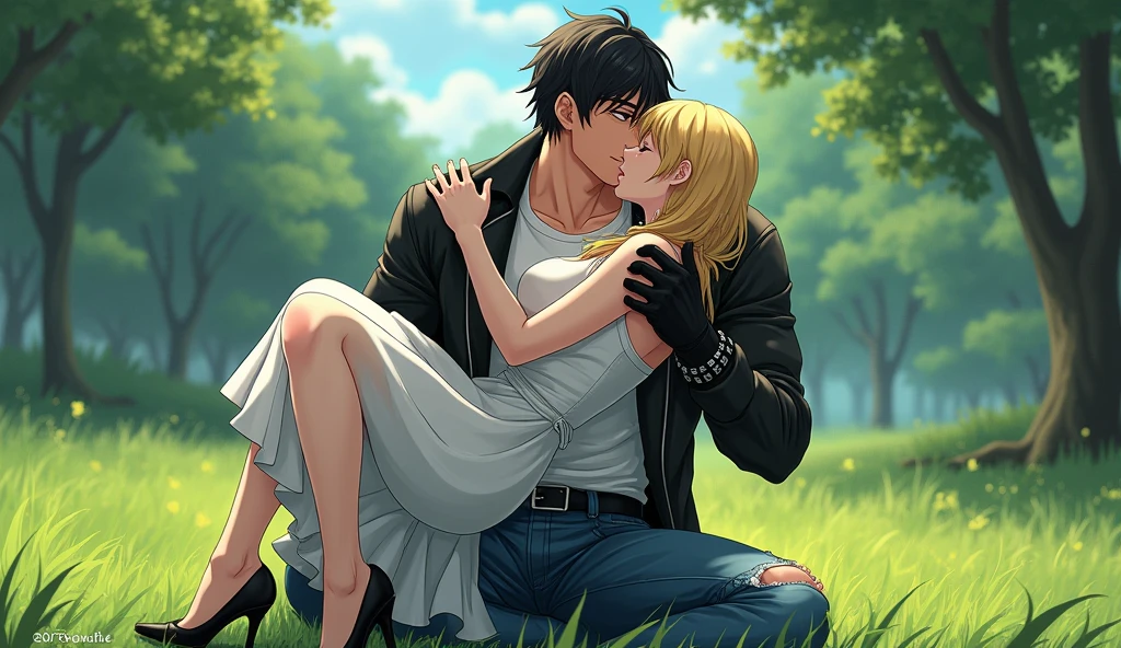 A muscular young man with black hair, wearing a white round-neck shirt and a black leather jacket over it, wearing blue jeans with a zipper down and an erect penis sticking out, black gloves, a black belt, and black combat boots, Having sex with a blonde woman wearing a white dress White dress and high heels In missionary position On the meadow in the forest, anime.