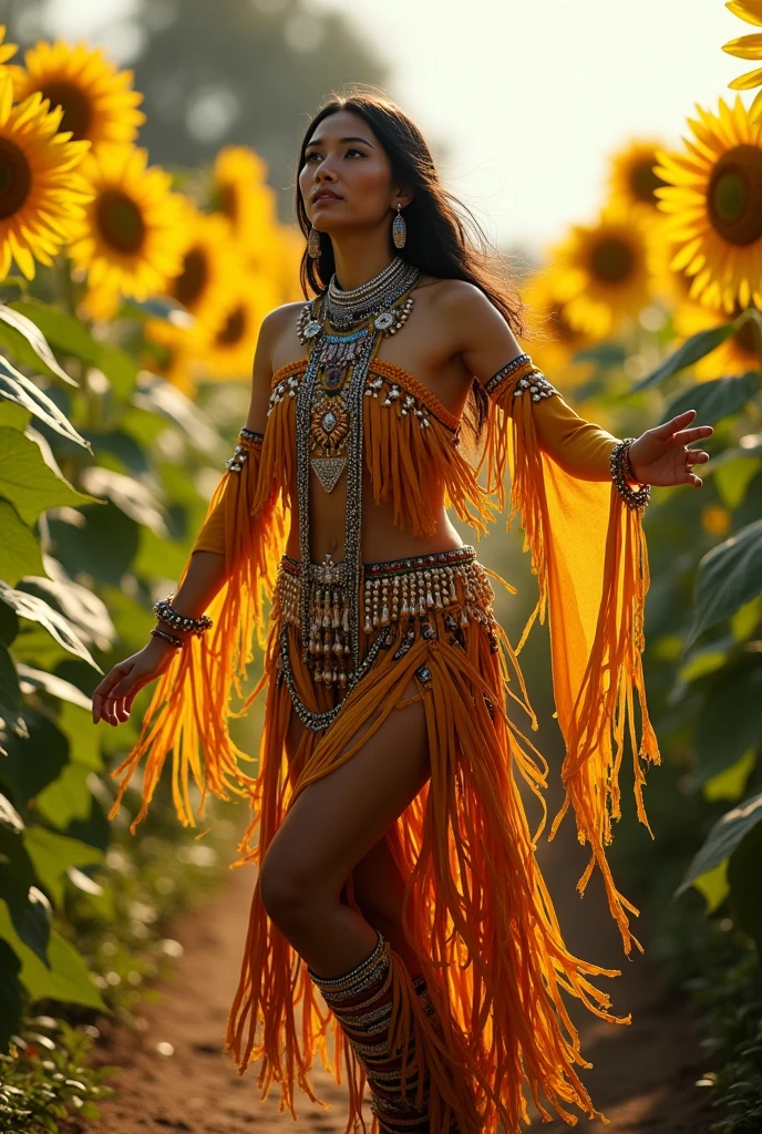 Jingle dress dancer with sunflowers around her 