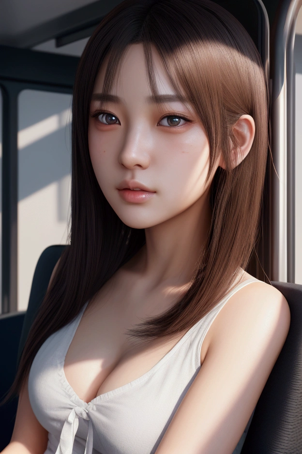 NSFW,a japanese girl sitting on a bus seat, photorealistic, 8k, ultra-detailed, masterpiece, realistic, vivid colors, beautiful detailed eyes, beautiful detailed lips, extremely detailed face, intricate details, hyper realistic, cinematic lighting, dramatic shadows, stunning composition, intense atmosphere, highly detailed skin, exquisite facial features, volumetric lighting, raytraced global illumination, physically-based rendering, professional digital art