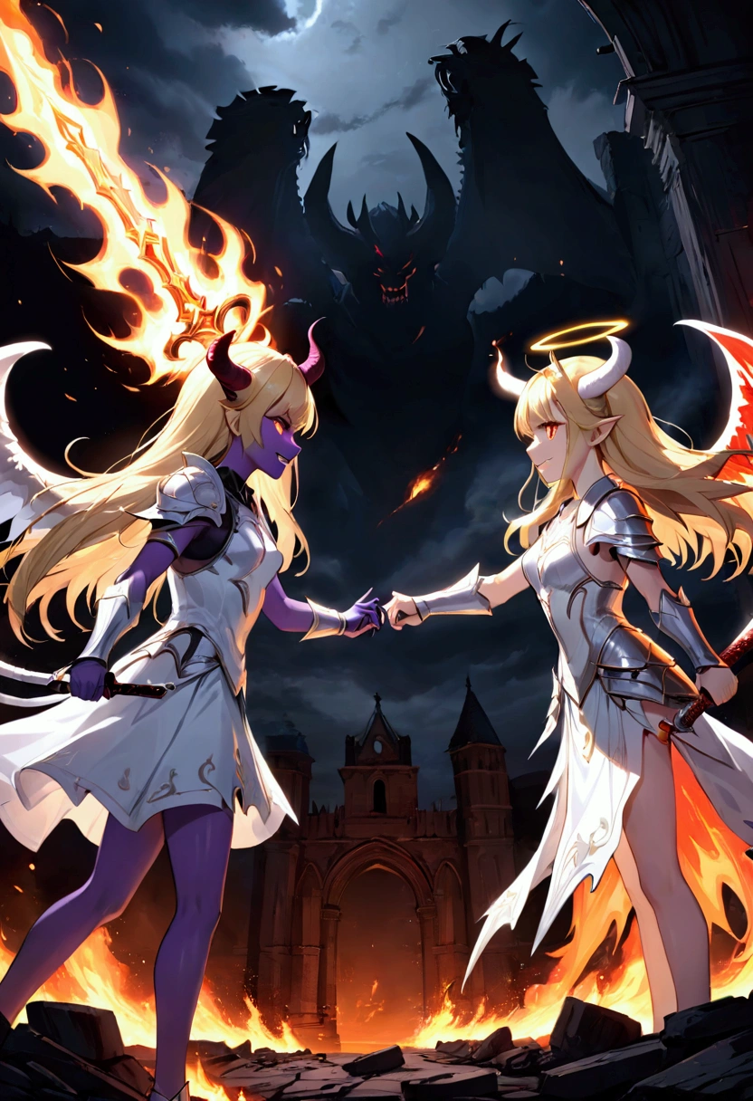 two people, fighting, tussling, look at each other, side view, 8K, details, night, darkness, ruins, destruction, fire burning, black sky, AND two people, angel girl, action, fight, halo, long hair, blonde, cute face, looks wary, big white wings, white battle dress, (hold white glowing sword), AND two people, demon girl, fight, purple skin, scale armor, (hold burning hot sword), looks at the opponent, long burning hair, horns, glowing eyes, fangs, horns, big demon wings, tail, evil smile, evil grin, strong happy
