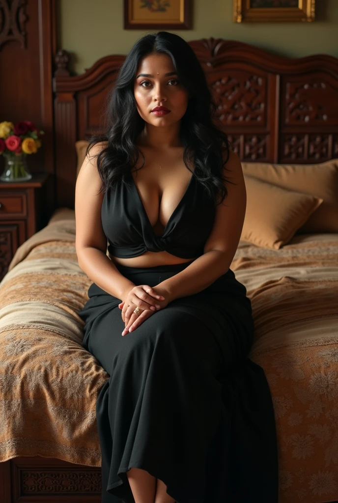 Kerala curvy female with white skin tone black hairs. Looks like nithya menon actress.wearing cropped Black cotton indian maxi. Showing feet in kerala bedroom.Realistic photo.