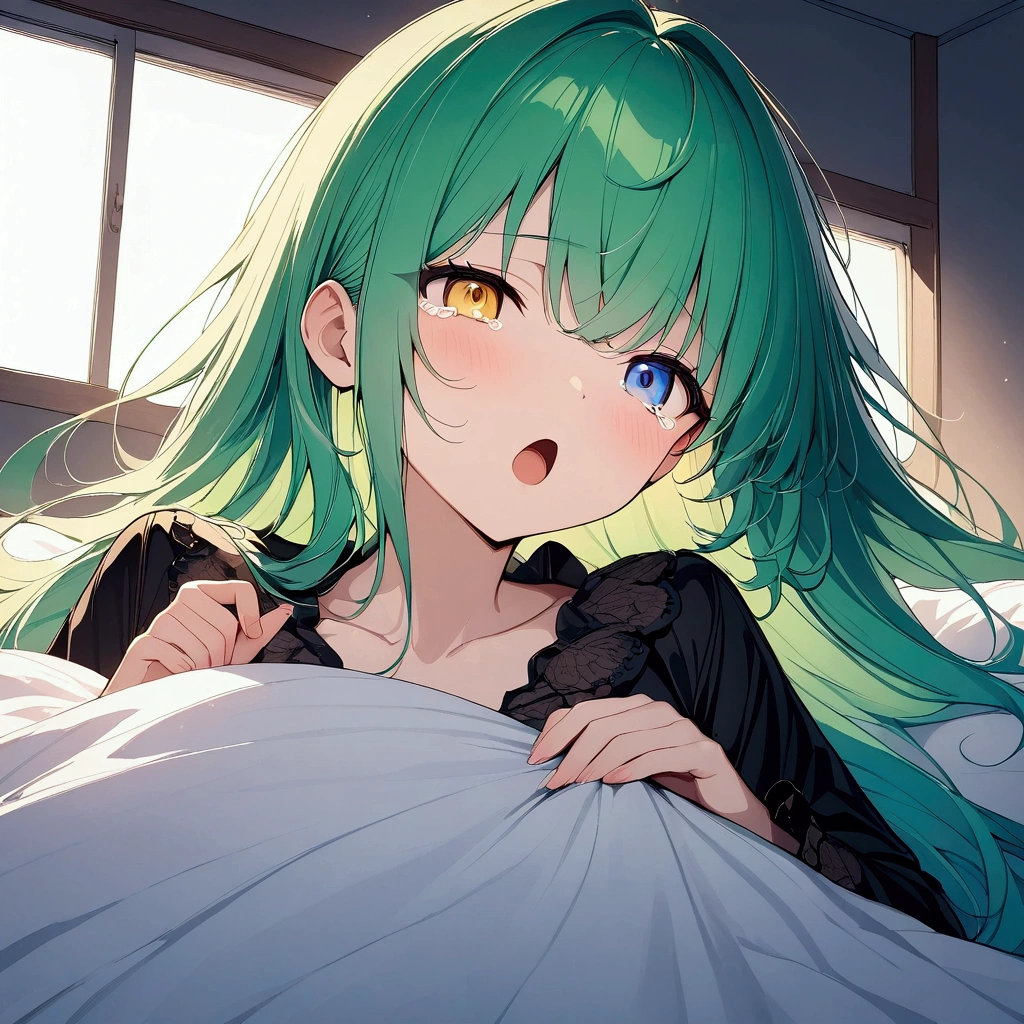(((anime))) One Woman,Sleeping in bed,Get your hands out from under the covers,Yawn,Open your mouth,Long Hair,(Green Hair),Bangs parted in the center,Heterochromia iridis,((blue eyes)),Yellow Eyes,Half-open eyes,tears,Waking up in black pajamas, In a dark room,Outside the window it's bright,Backlight,masterpiece,Highest quality,Exquisite,8k,Absurd,Ultra-fine illustrations