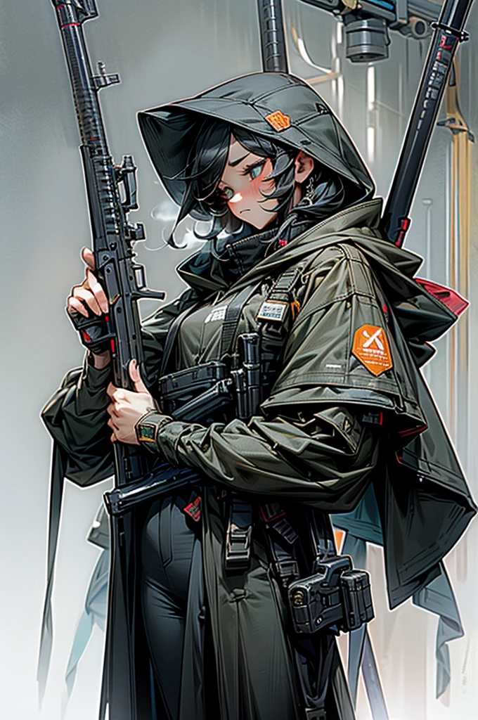 Highest quality、Anatomically correct、Huge rifle、Anti-material rifles、Huge Scope、The right gun、Heavily Armed Girl、Black haired girl wearing a hood、M82、Complete Gun、Black gun、Metallic、perfect guns、Perfect Stock、An unassuming gun、M82のようなAnti-material rifles、Straight line from barrel to stock、A gun with the right construction