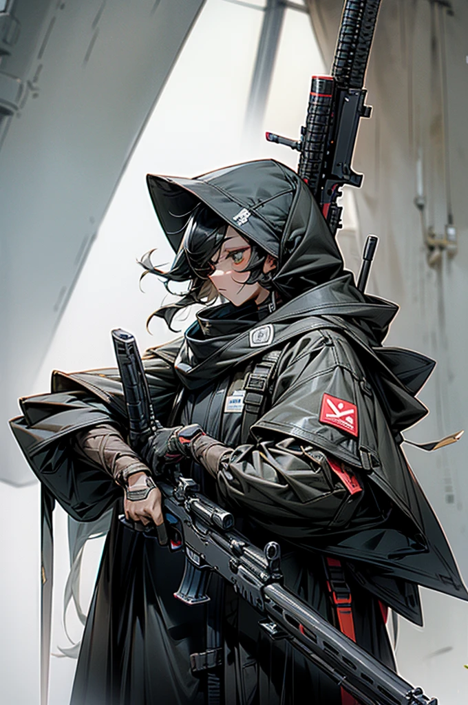 Highest quality、Anatomically correct、Huge rifle、Anti-material rifles、Huge Scope、The right gun、Heavily Armed Girl、Black haired girl wearing a hood、M82、Complete Gun、Black gun、Metallic、perfect guns、Perfect Stock、An unassuming gun、M82のようなAnti-material rifles、Straight line from barrel to stock、A gun with the right construction