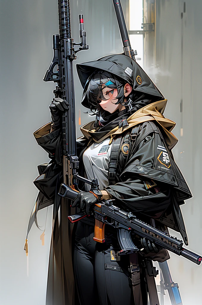 Highest quality、Anatomically correct、Huge rifle、Anti-material rifles、Huge Scope、The right gun、Heavily Armed Girl、Black haired girl wearing a hood、M82、Complete Gun、Black gun、Metallic、perfect guns、Perfect Stock、An unassuming gun、M82のようなAnti-material rifles、Straight line from barrel to stock、A gun with the right construction